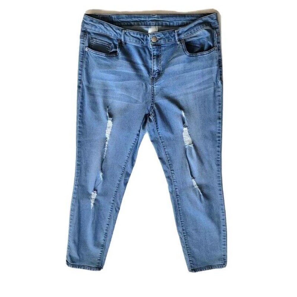 Roebuck & Co. Distressed Jeans 16 Womens Tapered Leg Denim Stretch Blue Med Wash